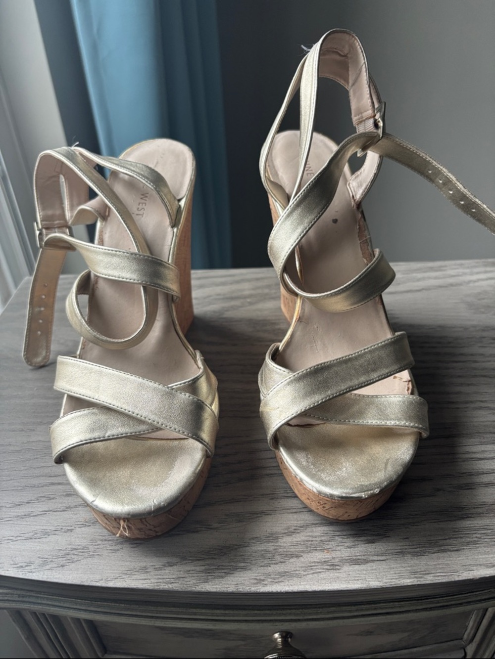 Nine West Metallic Gold Cork Wedge Sandals